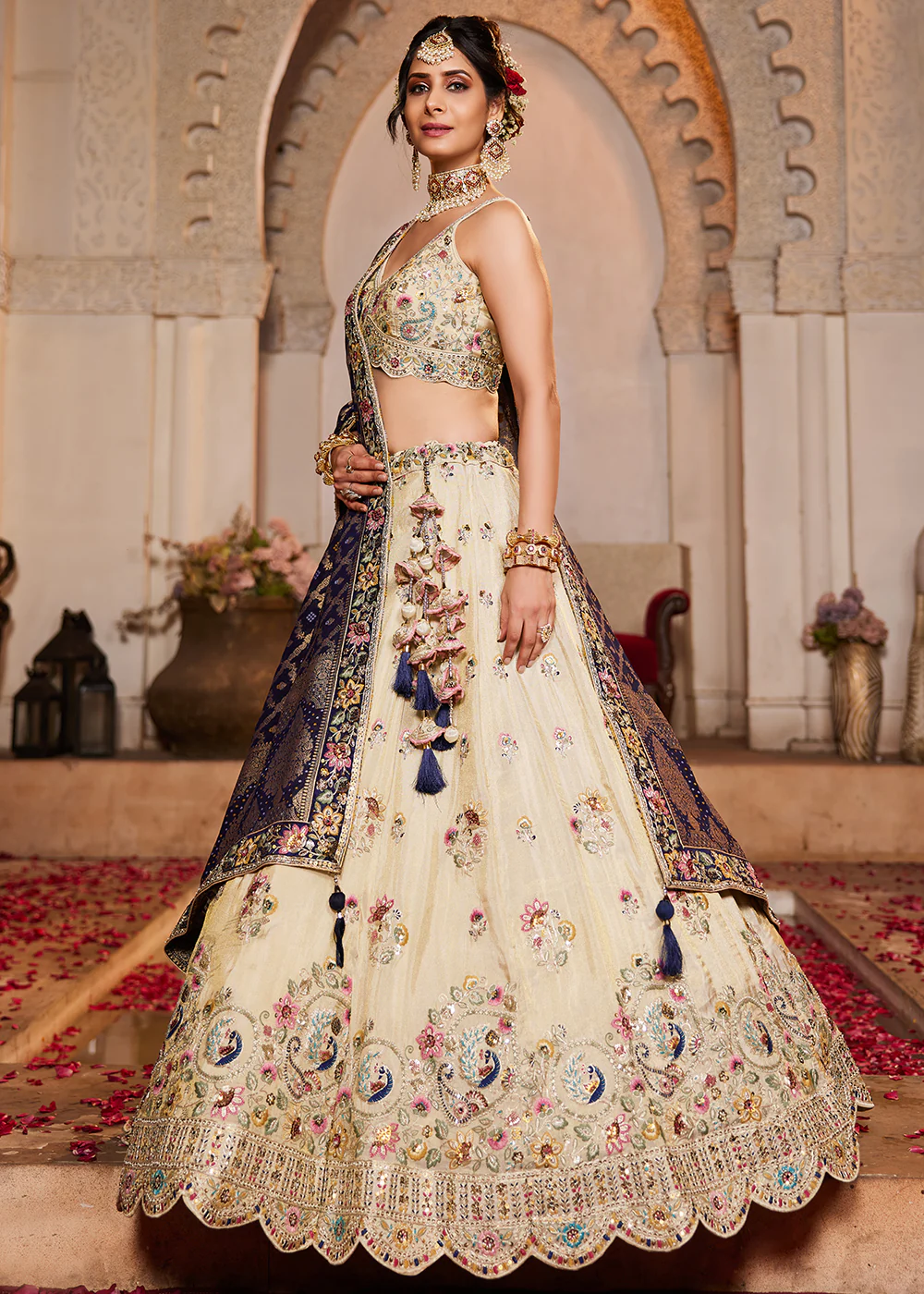 Cream & Blue Premium Tissue Embroidered Wedding Lehenga Choli - Image 6
