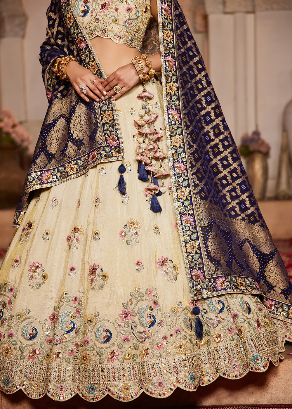 Cream & Blue Premium Tissue Embroidered Wedding Lehenga Choli - Image 7