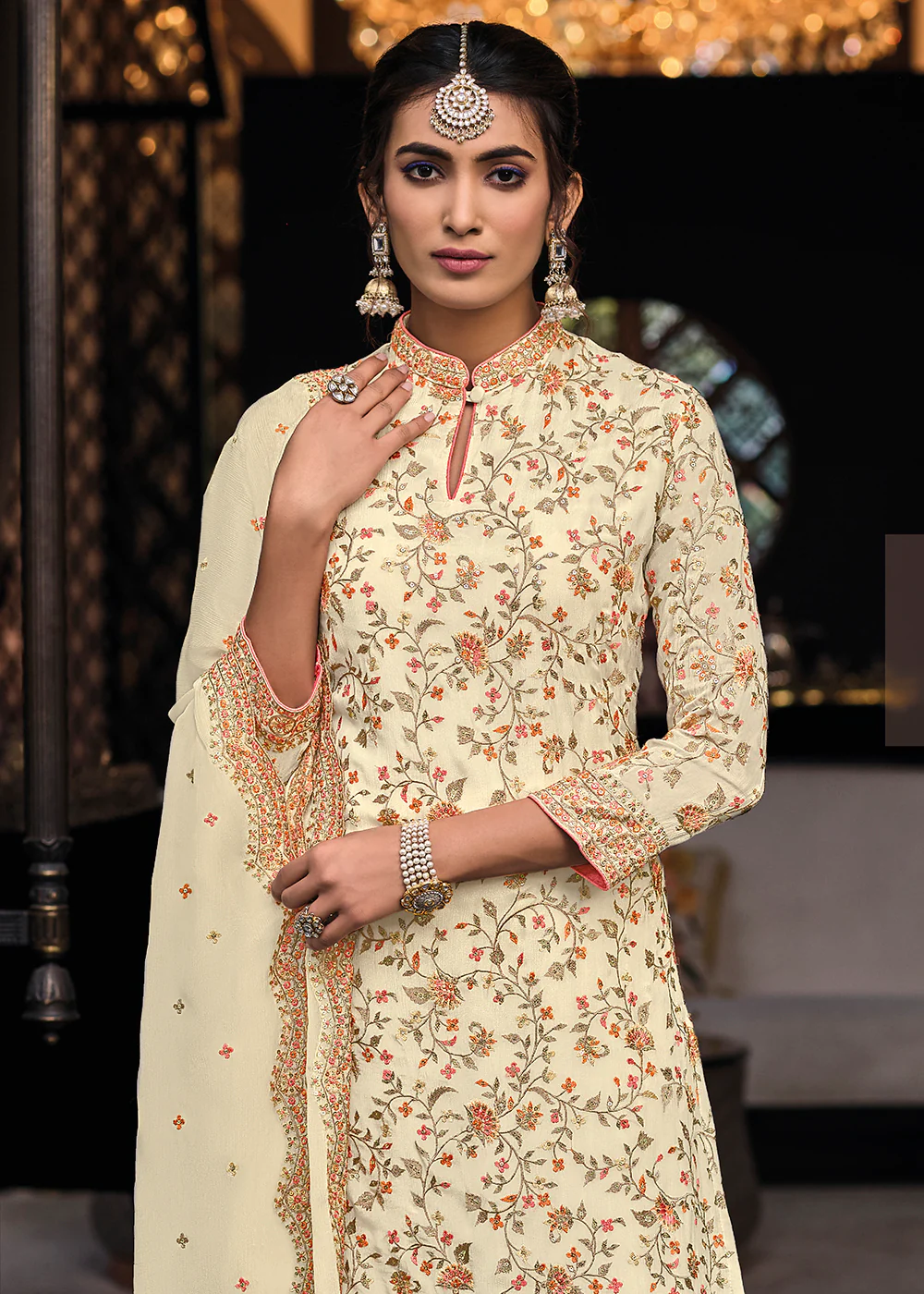 Cream Chinon & Georgette Designer Palazzo Salwar Suit - Image 2