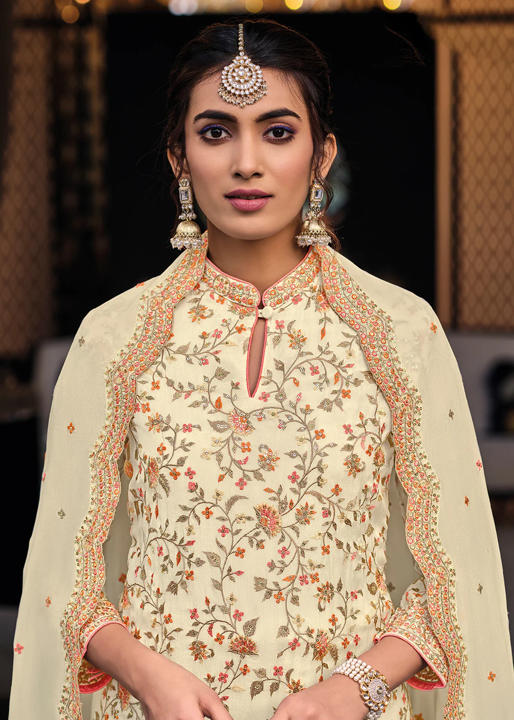 Cream Chinon & Georgette Designer Palazzo Salwar Suit - Image 3