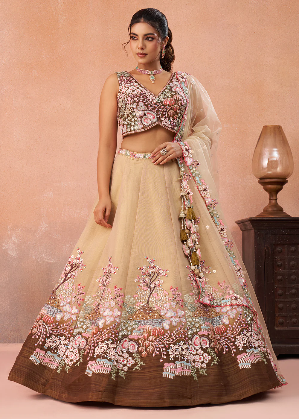 Cream & Coffee Embroidered Wedding Lehenga Choli
