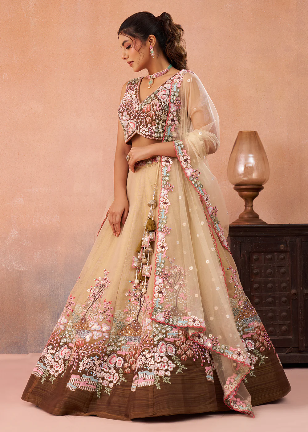 Cream & Coffee Embroidered Wedding Lehenga Choli - Image 5
