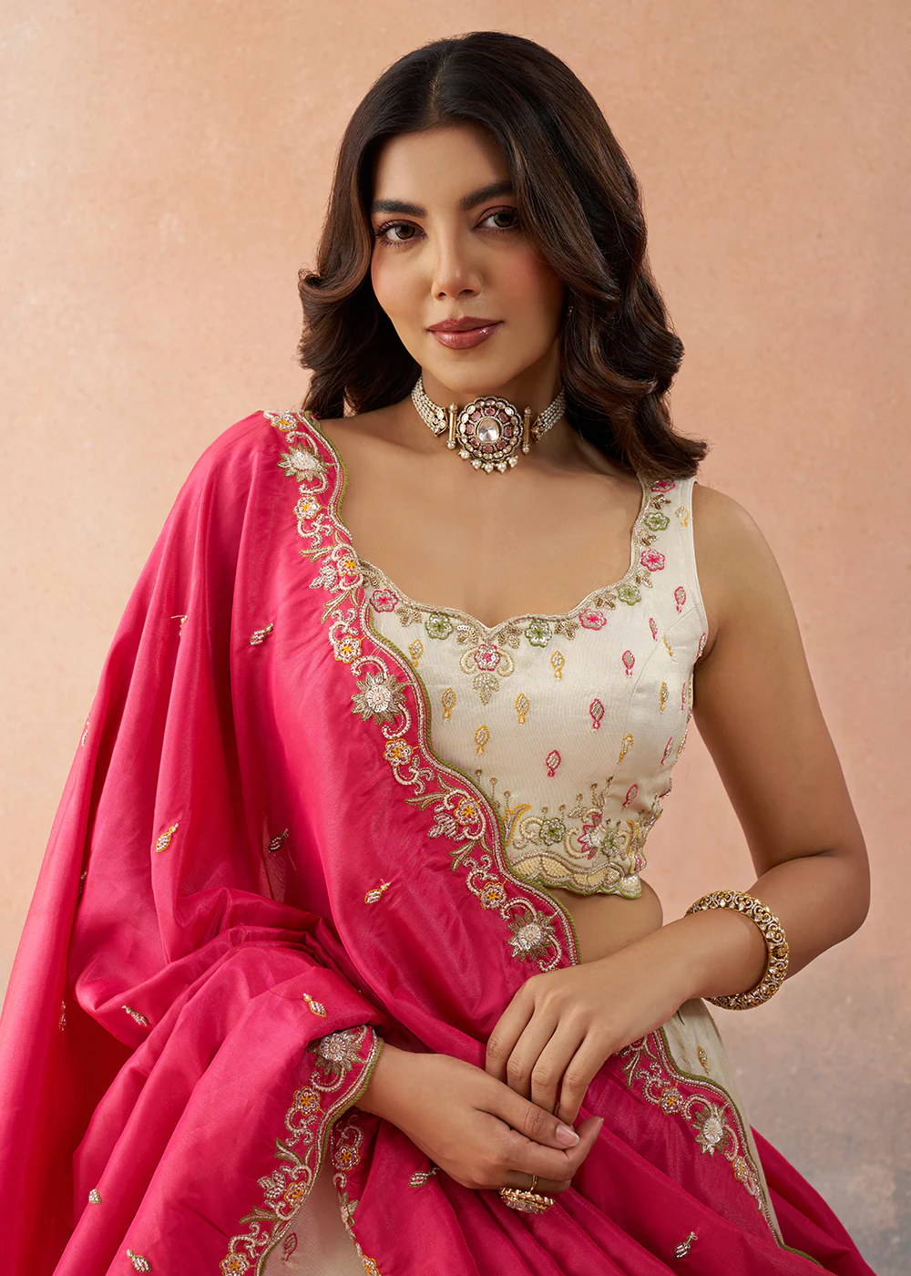 Cream Cosmos Silk Embroidered Festive Lehenga Choli - Image 2