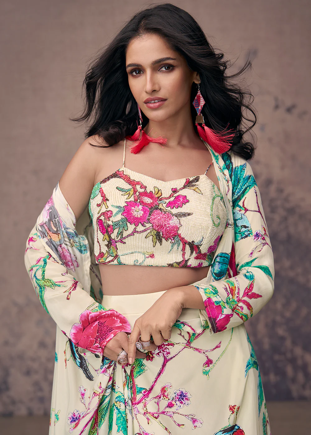 Cream Crepe Silk Jacket Style Indo Western Dress - Image 2