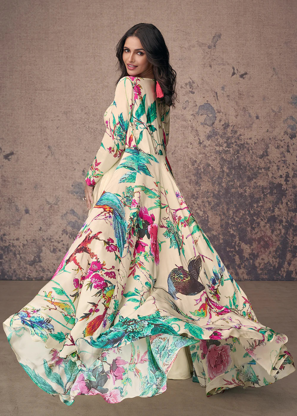 Cream Crepe Silk Jacket Style Indo Western Dress - Image 3