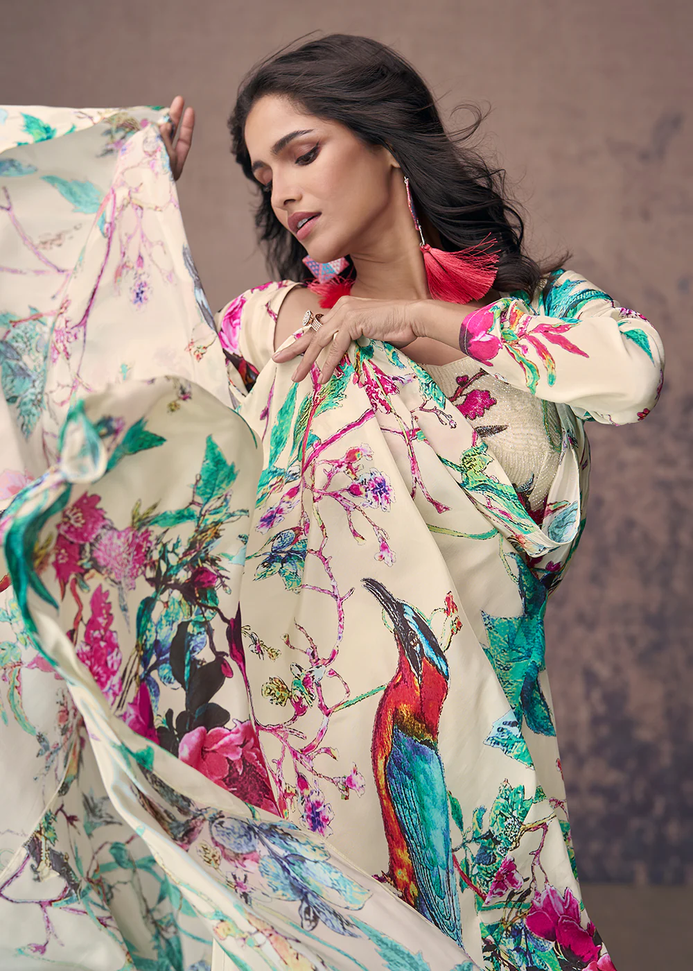 Cream Crepe Silk Jacket Style Indo Western Dress - Image 4