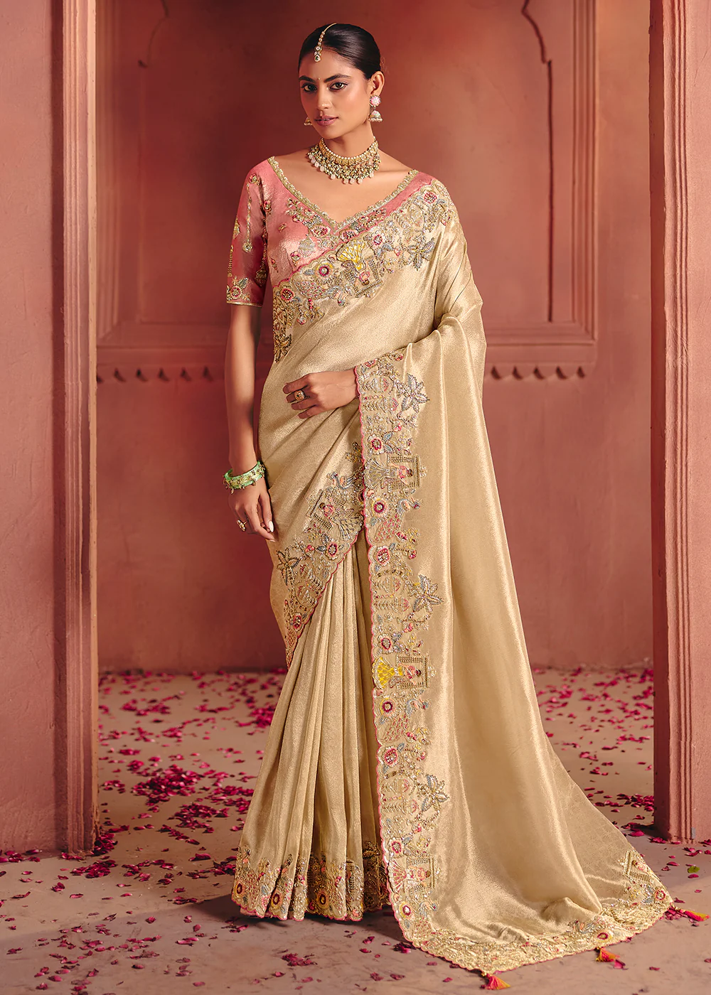 Cream Designer Style Embroidered Wedding Saree