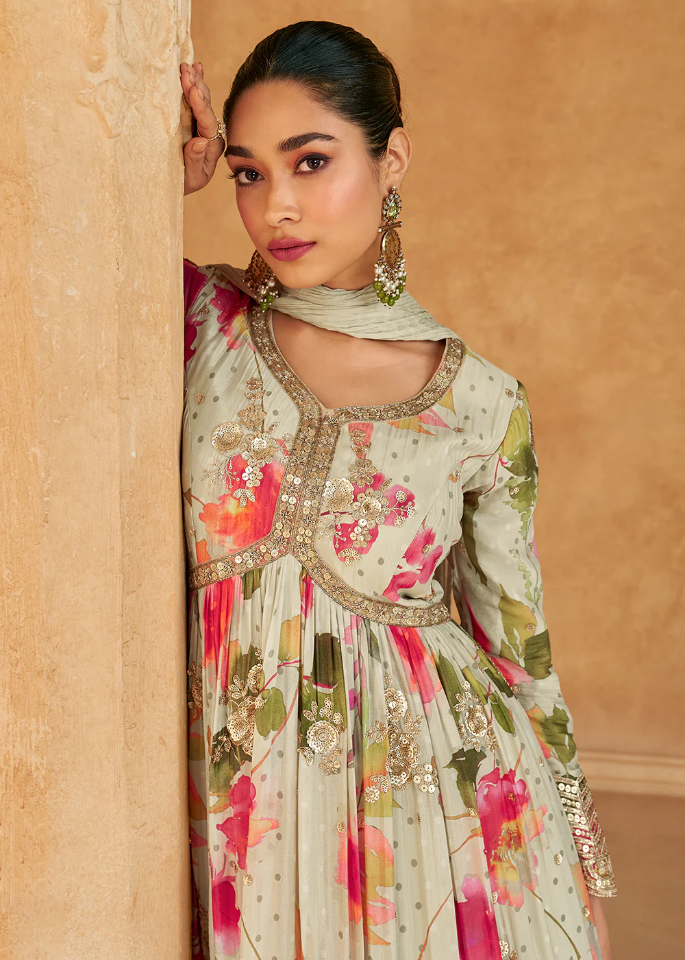 Cream Digital Printed Embroidered Chinnon Silk Anarkali Gown - Image 2