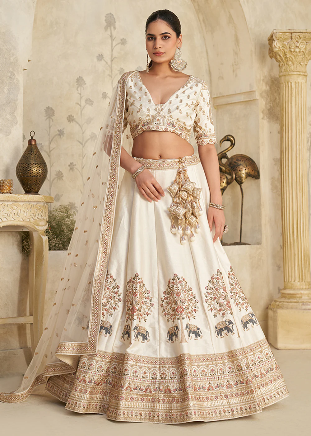 Cream Elephant Zari Embroidered Bridal Lehenga Choli