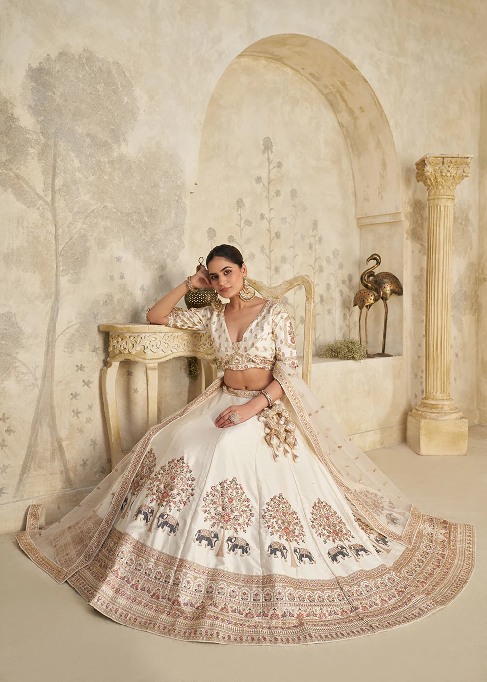 Cream Elephant Zari Embroidered Bridal Lehenga Choli - Image 4