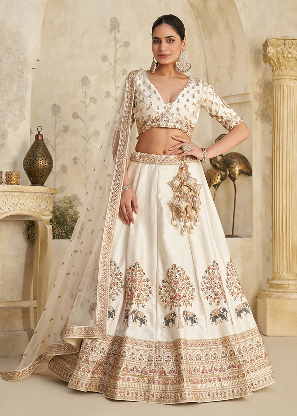 Cream Elephant Zari Embroidered Bridal Lehenga Choli - Image 5