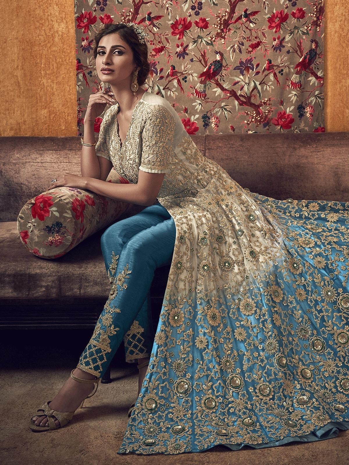 Cream Embroidered High Slit Anarkali Suit - Image 4