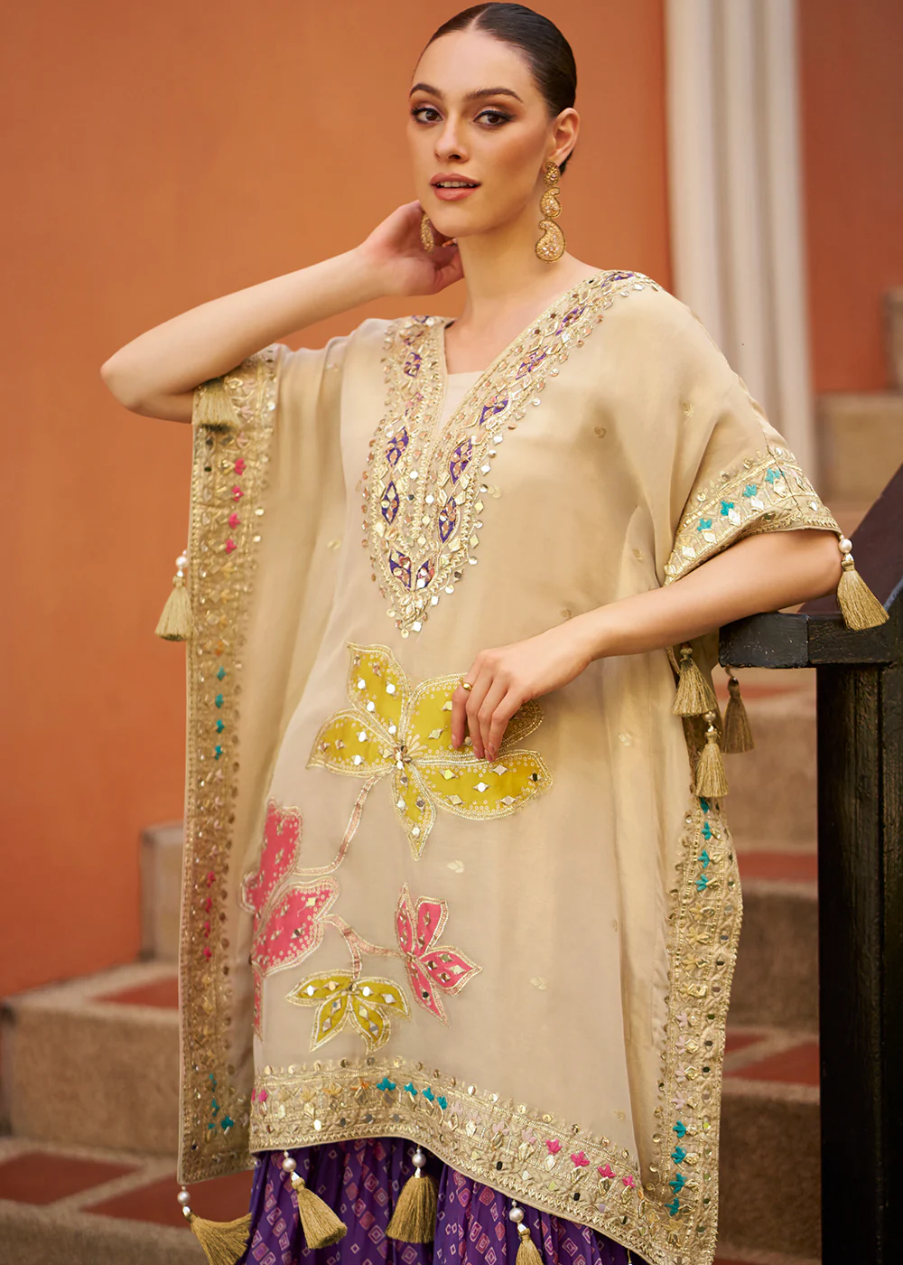 Cream Embroidered Kaftan Style Trendy Gharara Suit - Image 3