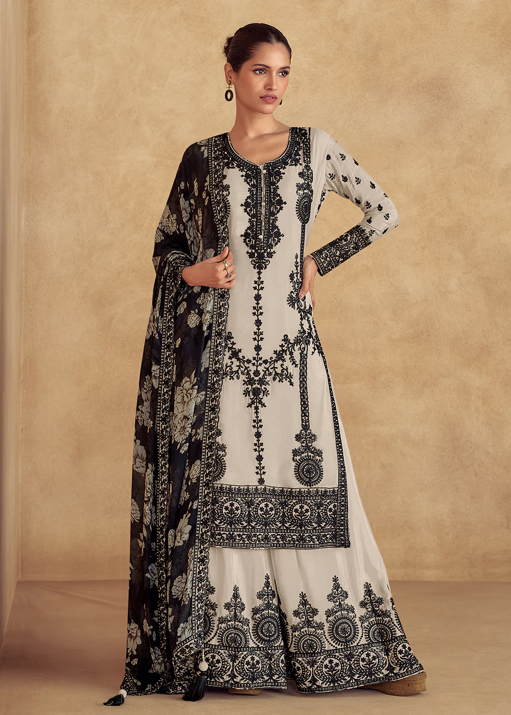 Cream Embroidered Lucknowi Style Palazzo Suit
