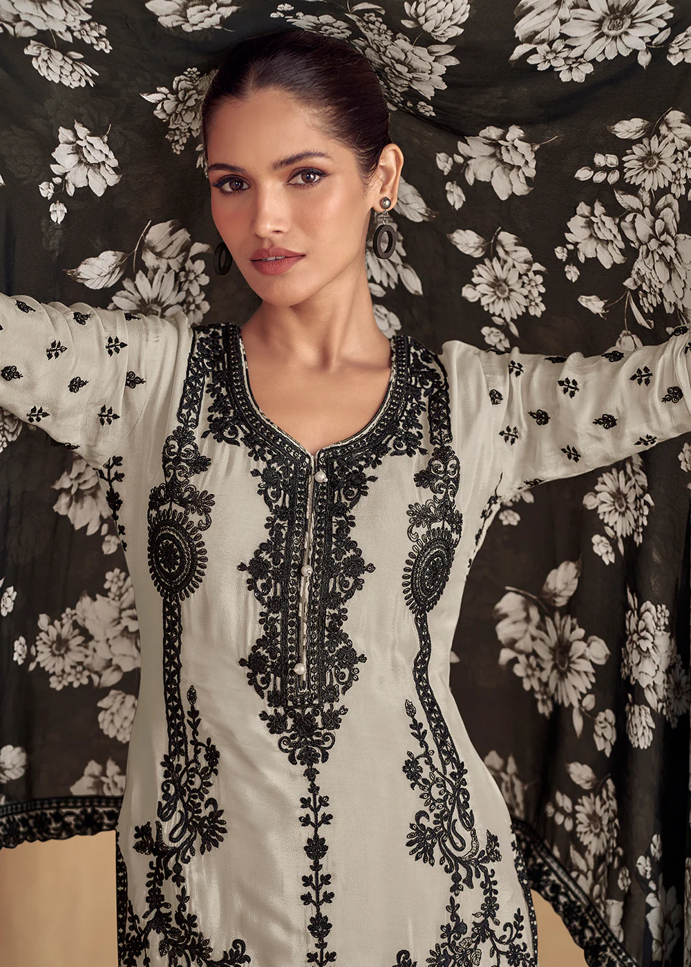 Cream Embroidered Lucknowi Style Palazzo Suit - Image 4