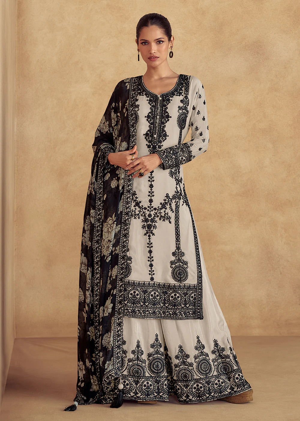 Cream Embroidered Lucknowi Style Palazzo Suit - Image 5