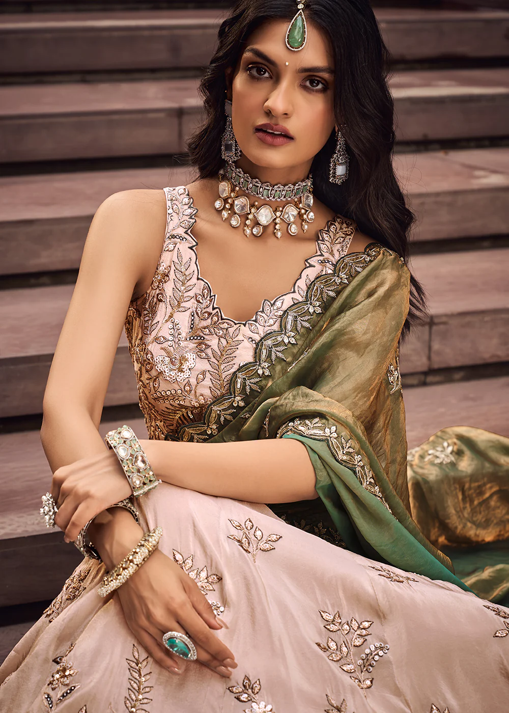 Cream Embroidered Viscose Designer Lehenga with Green Dupatta - Image 6
