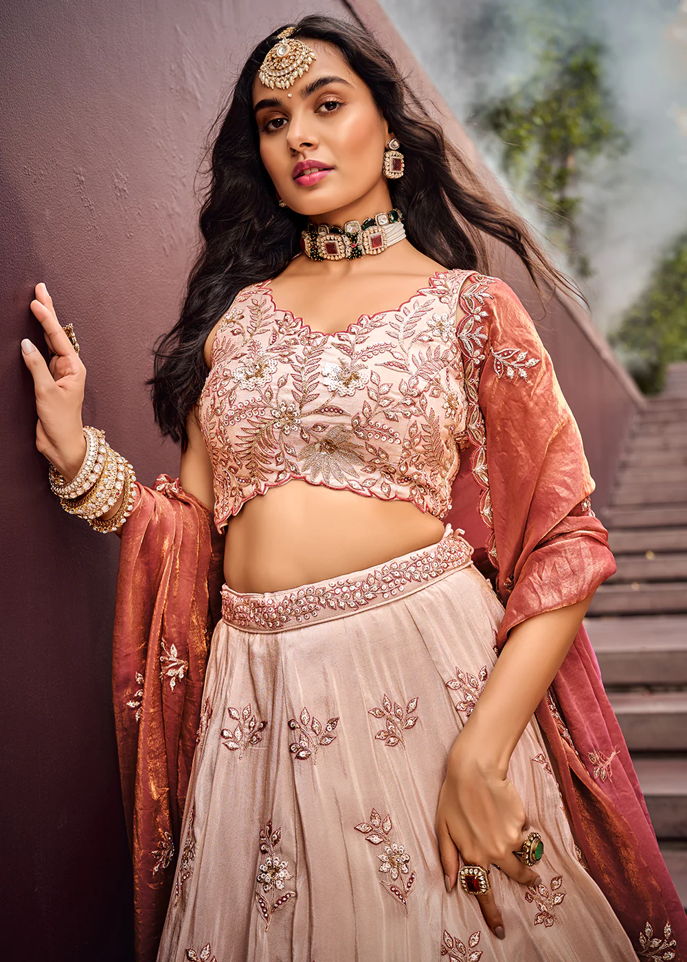Cream Embroidered Viscose Designer Lehenga with Rose Gold Dupatta - Image 2