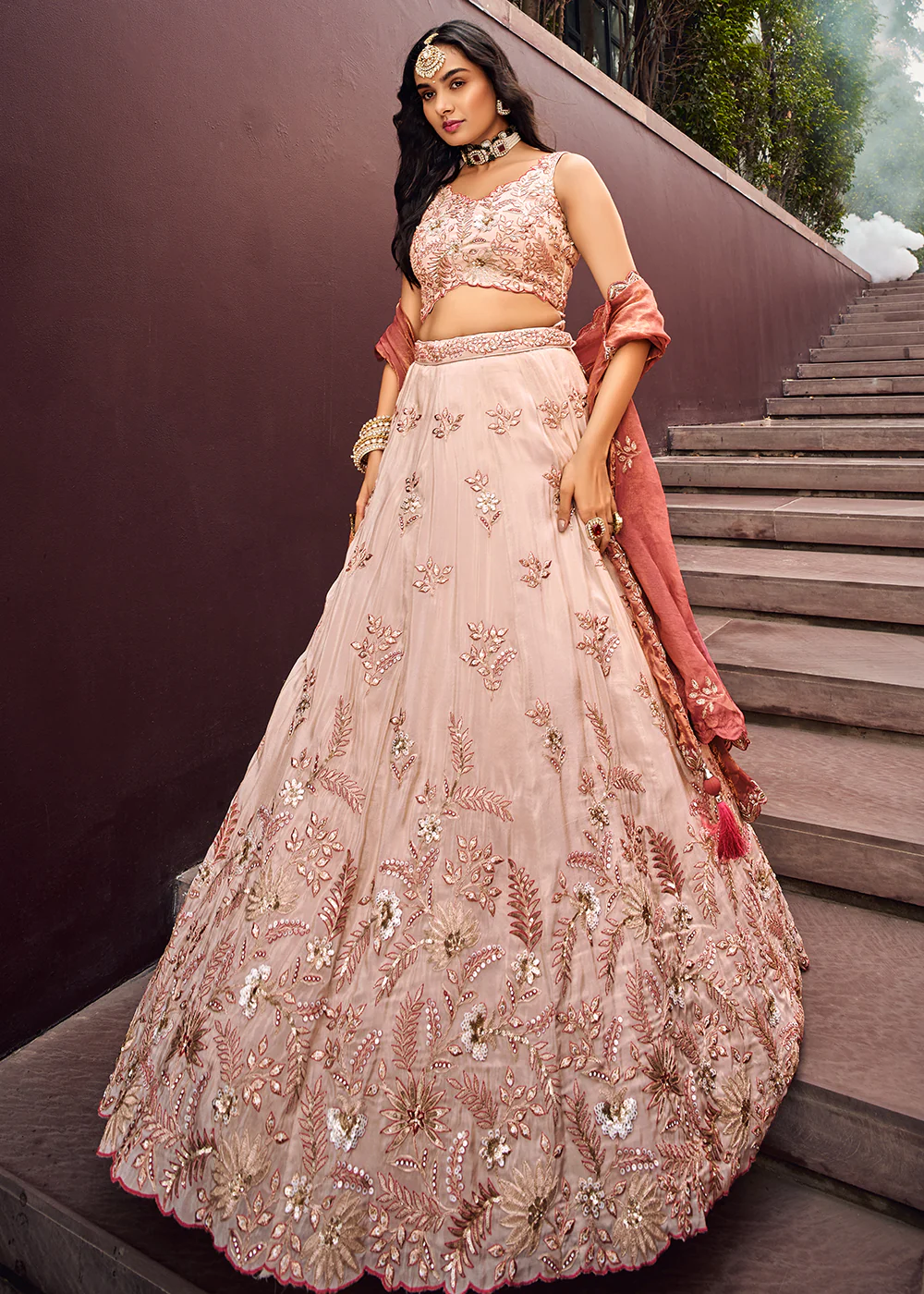Cream Embroidered Viscose Designer Lehenga with Rose Gold Dupatta - Image 7