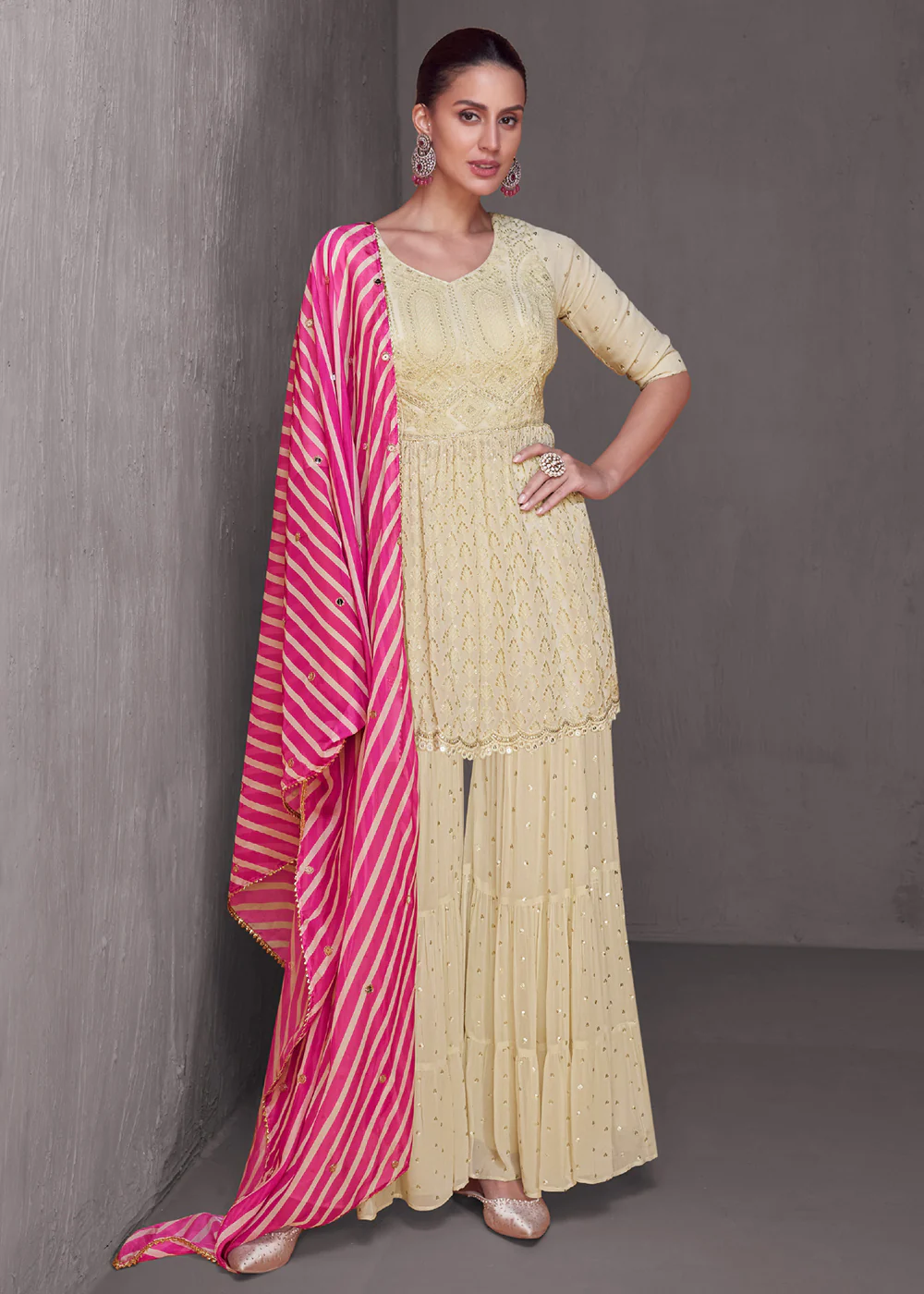 Cream Embroidered Wedding Festive Gharara Suit