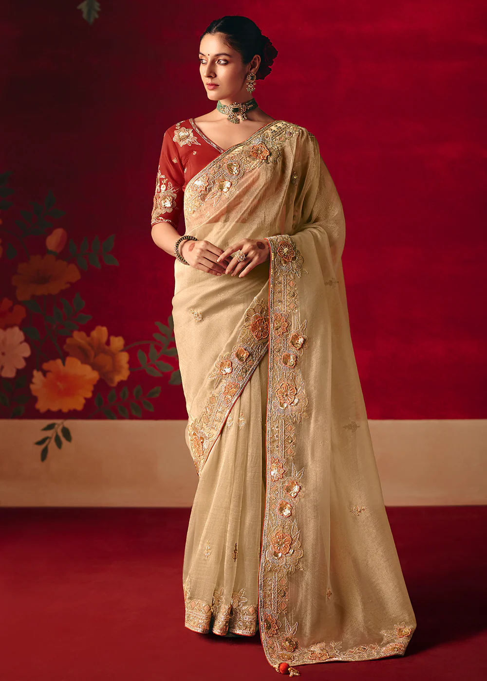 Cream Fancy Material Wedding Designer Saree