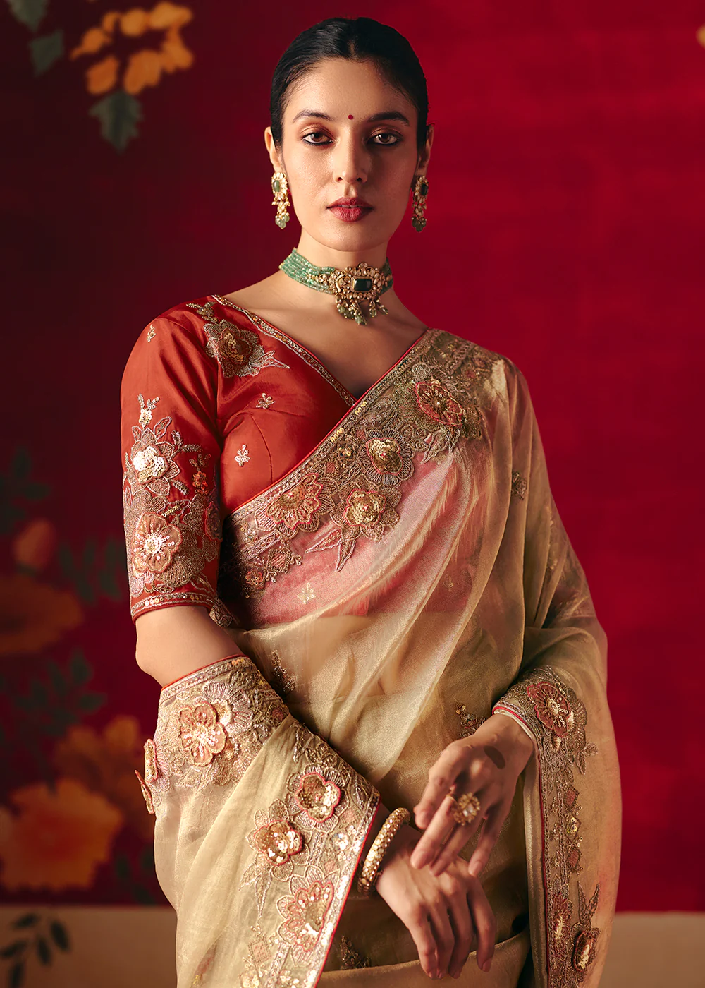 Cream Fancy Material Wedding Designer Saree - Image 2