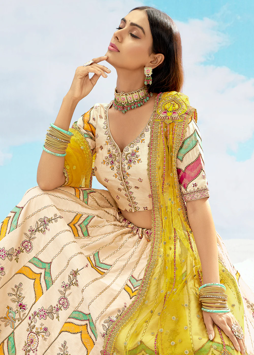 Cream Fancy Silk Heavy Embroidered Bridal Lehenga Choli - Image 2