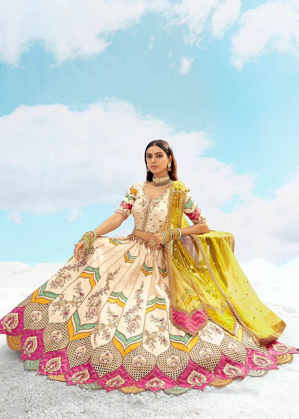 Cream Fancy Silk Heavy Embroidered Bridal Lehenga Choli - Image 3