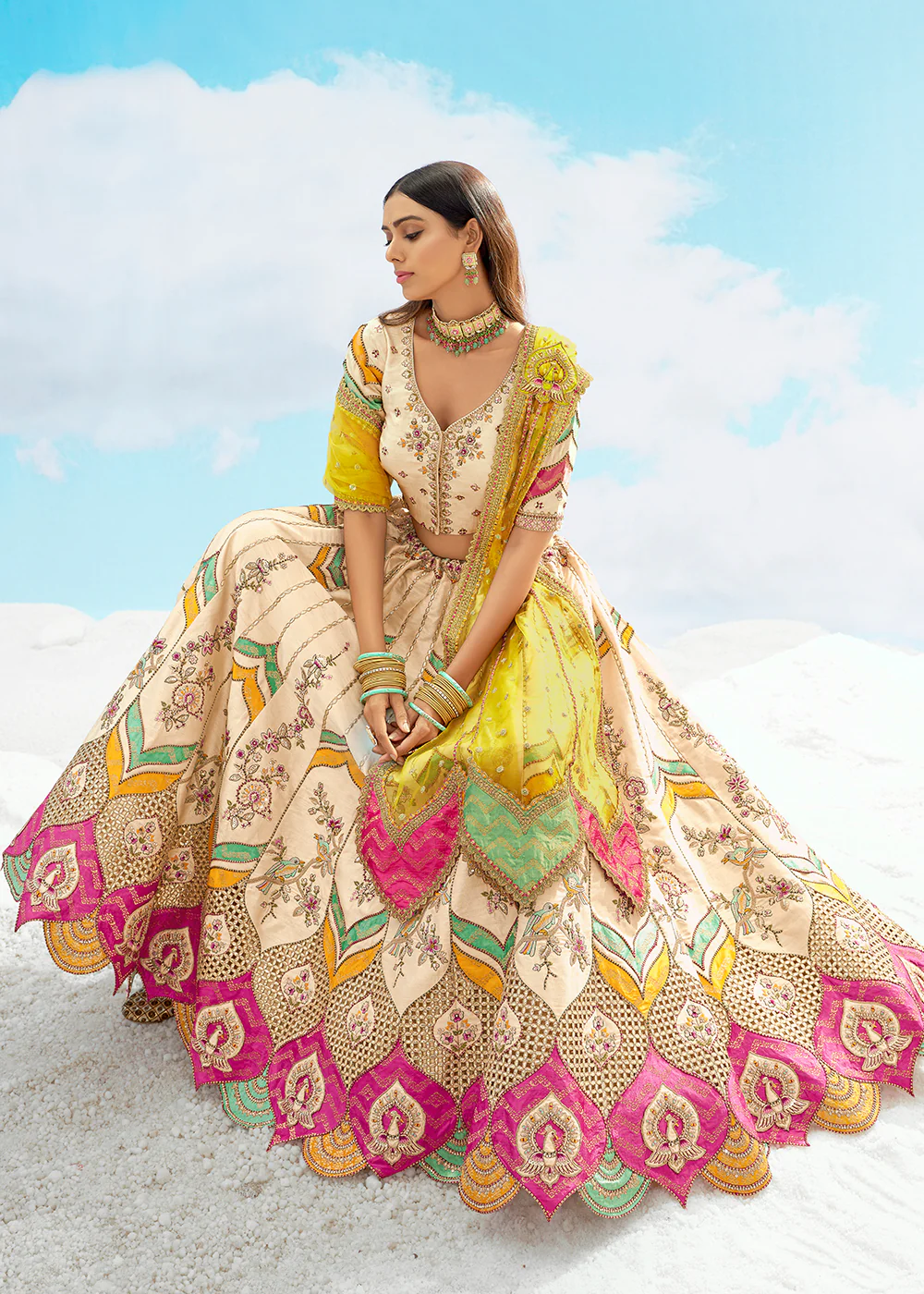 Cream Fancy Silk Heavy Embroidered Bridal Lehenga Choli - Image 4