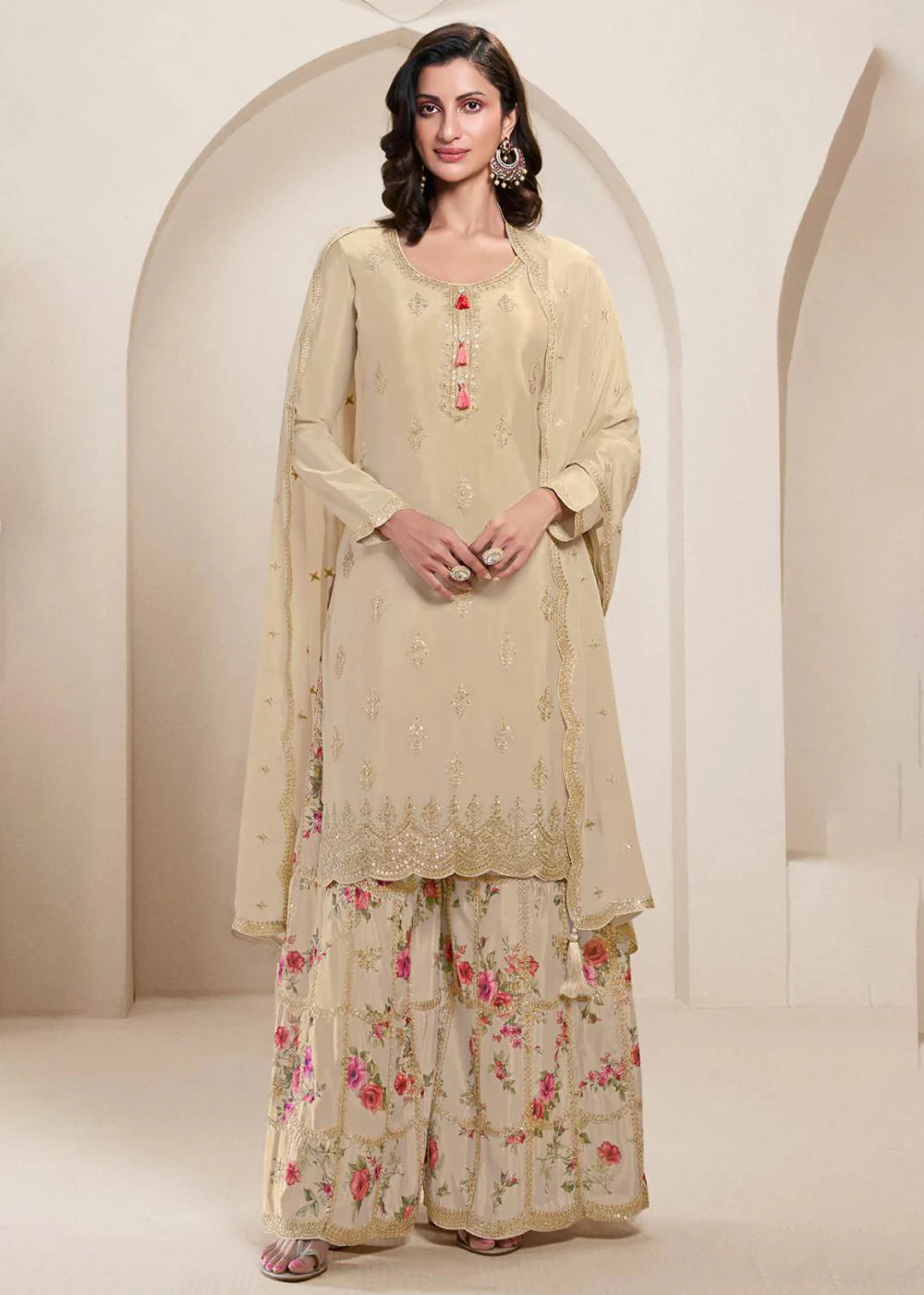 Cream Festive Style Embroidered Chinnon Palazzo Suit