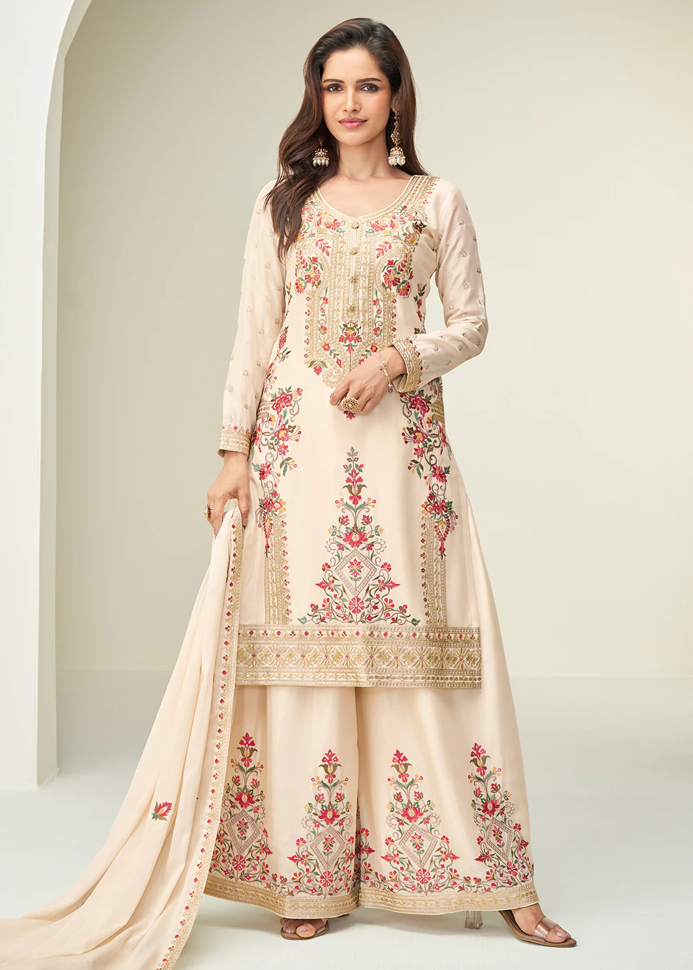 Cream Festive Style Embroidered Ethnic Palazzo Suit