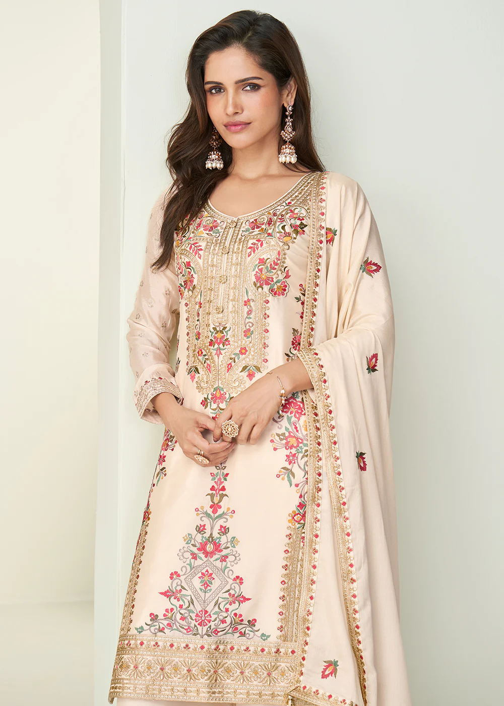 Cream Festive Style Embroidered Ethnic Palazzo Suit - Image 2