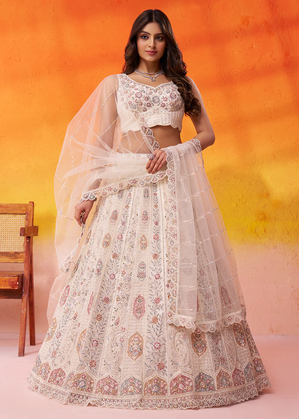 Cream Flared Embroidered Festive Lehenga Choli
