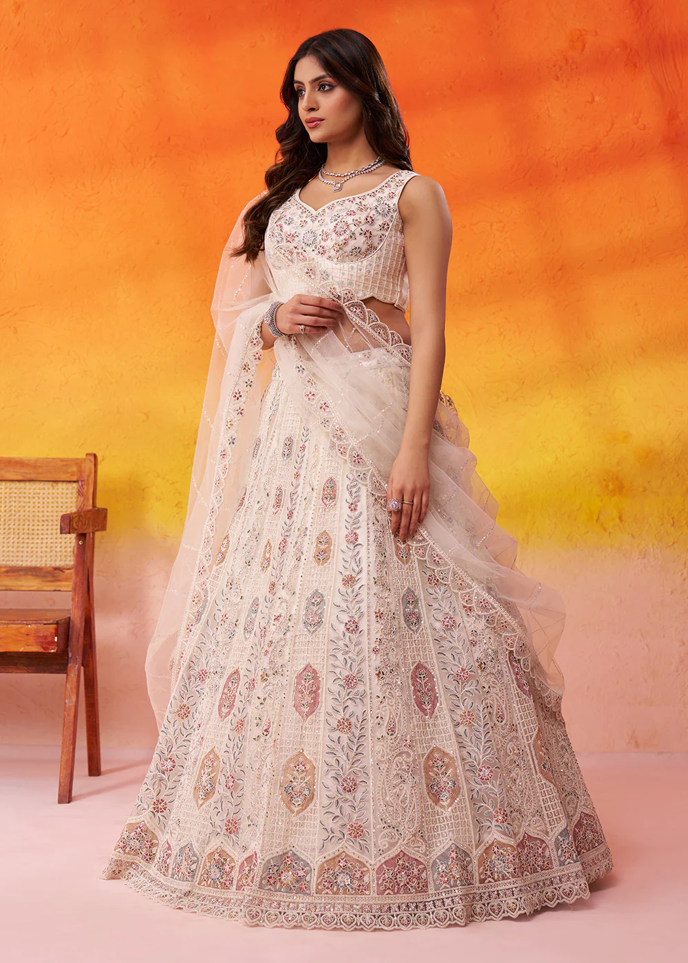 Cream Flared Embroidered Festive Lehenga Choli - Image 5