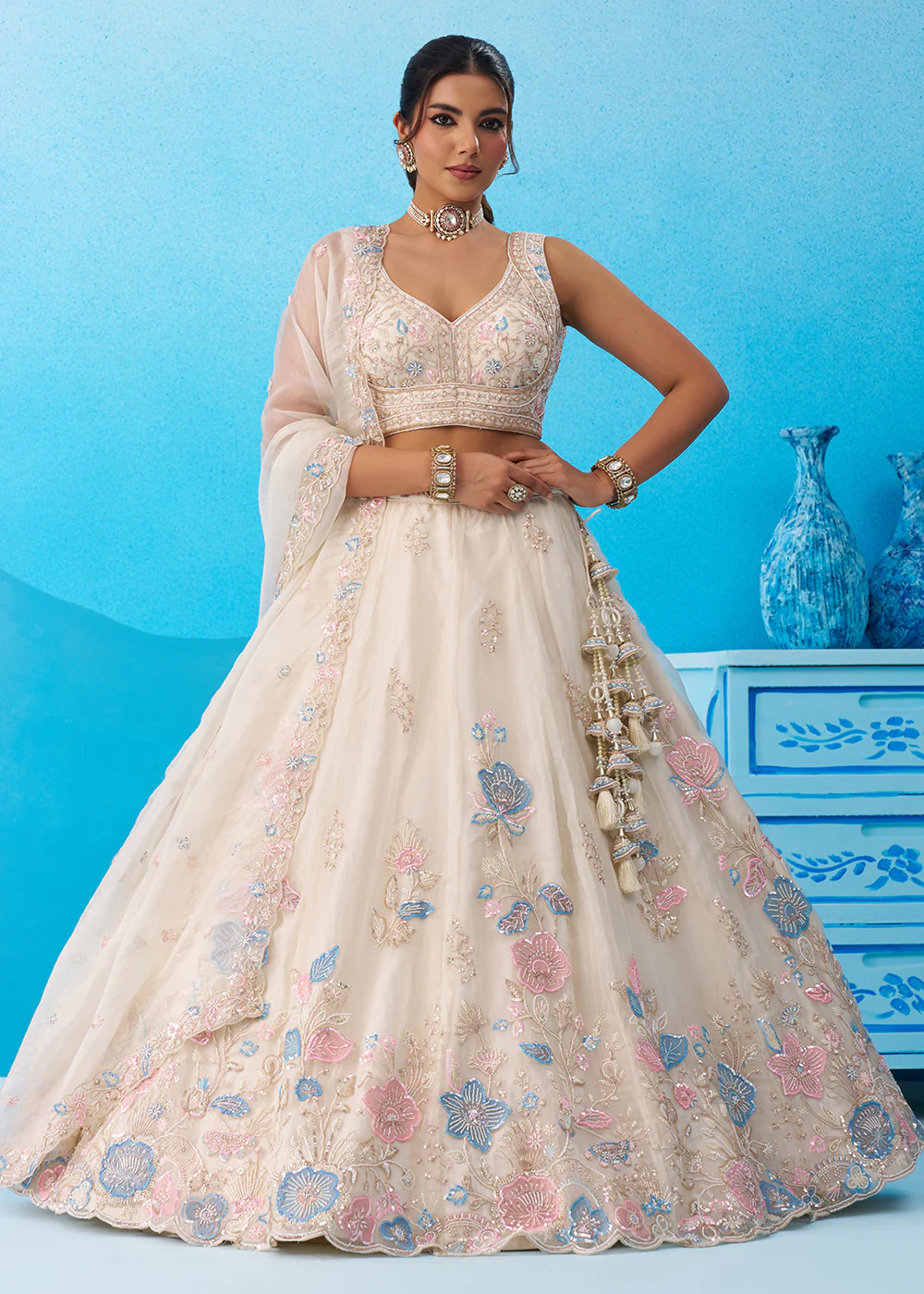 Cream Floral Embroidered Designer Reception Lehenga Choli