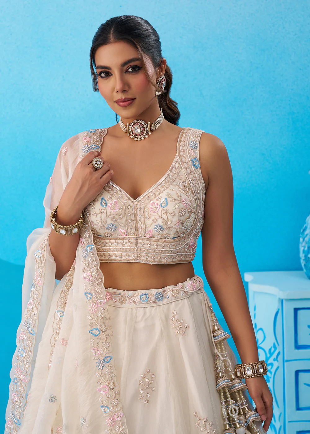 Cream Floral Embroidered Designer Reception Lehenga Choli - Image 2