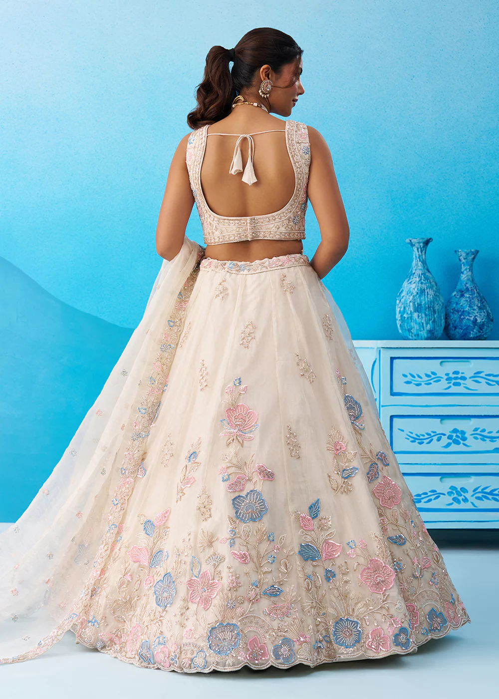 Cream Floral Embroidered Designer Reception Lehenga Choli - Image 3