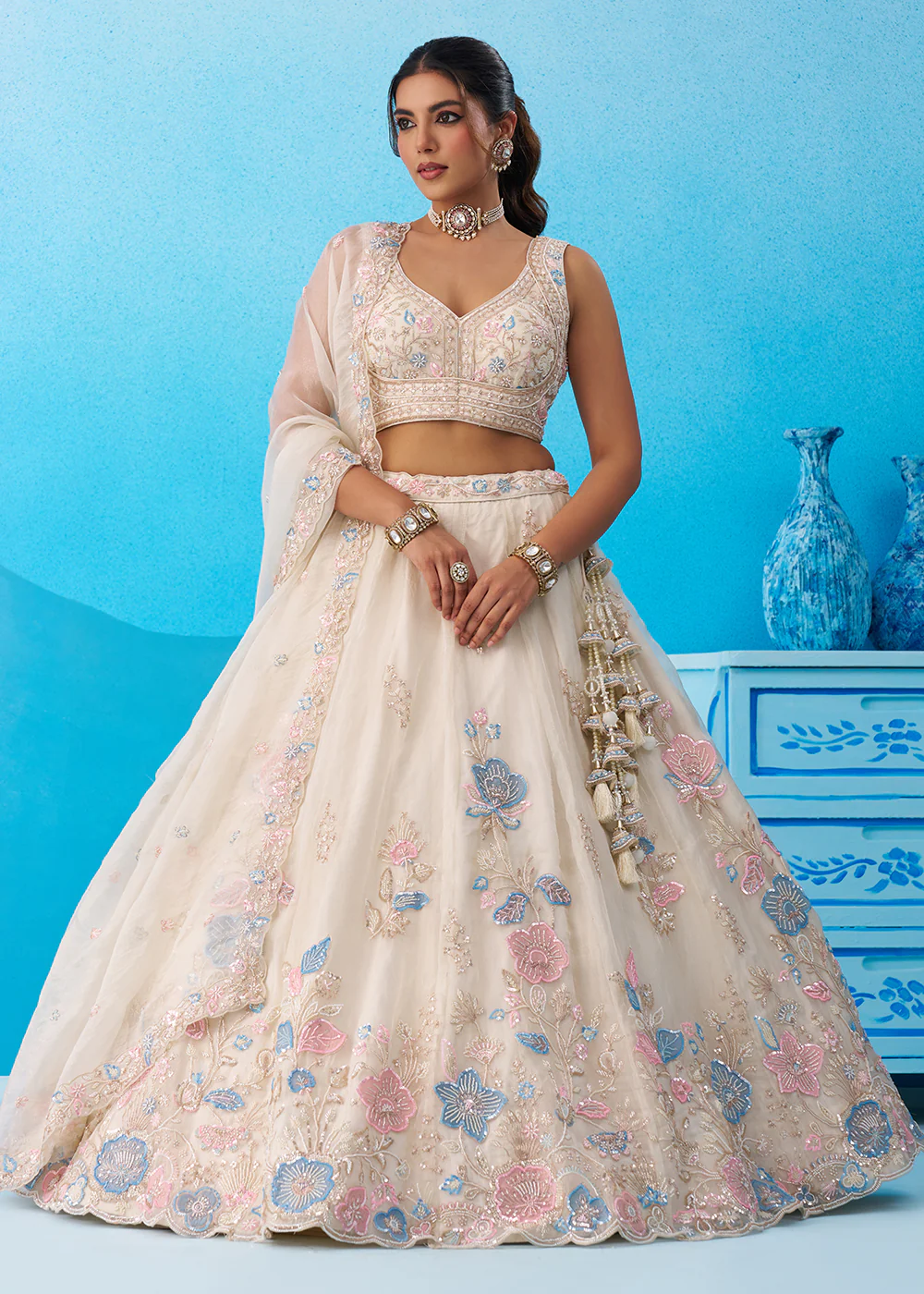 Cream Floral Embroidered Designer Reception Lehenga Choli - Image 4