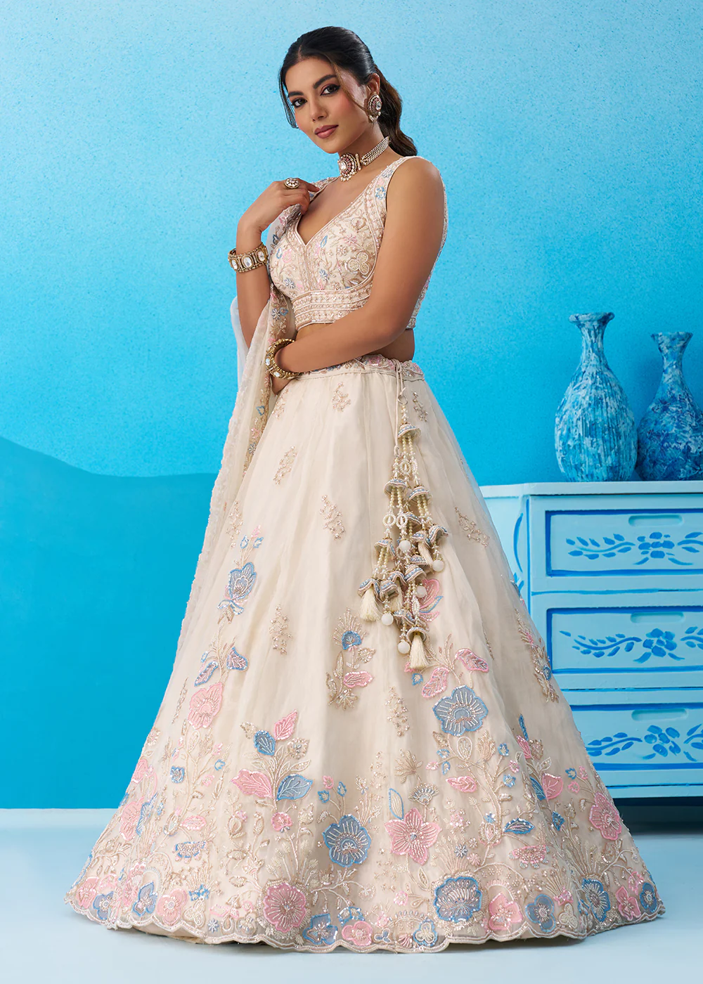Cream Floral Embroidered Designer Reception Lehenga Choli - Image 5