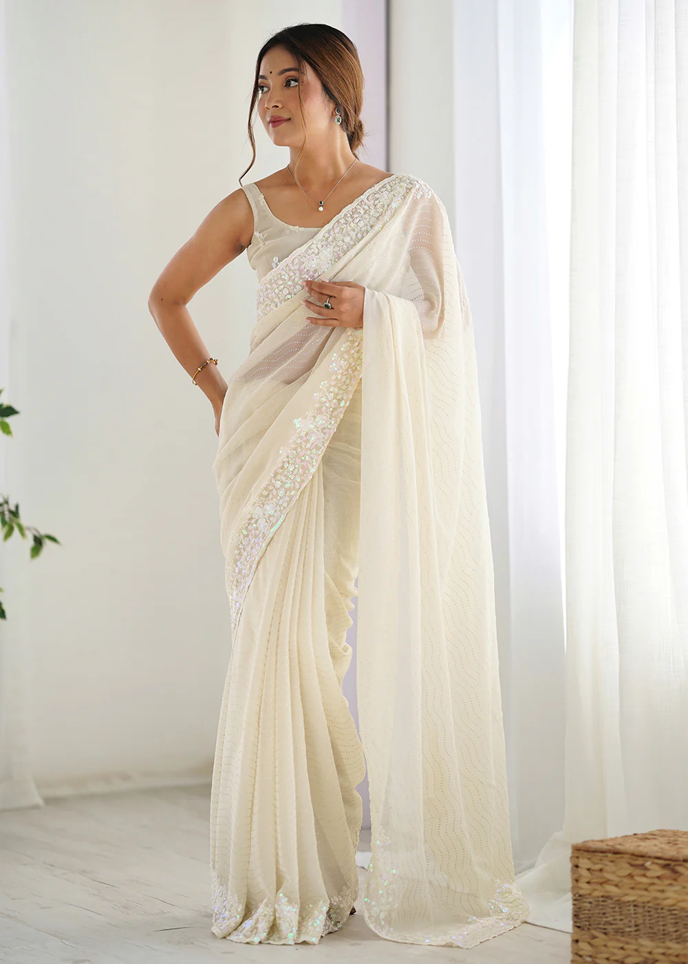 Cream Georgette Designer Sequins Work Party Wear Saree
