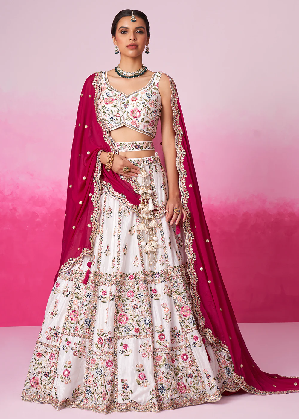 Cream Georgette Sequins & Moti Embroidered Lehenga Choli