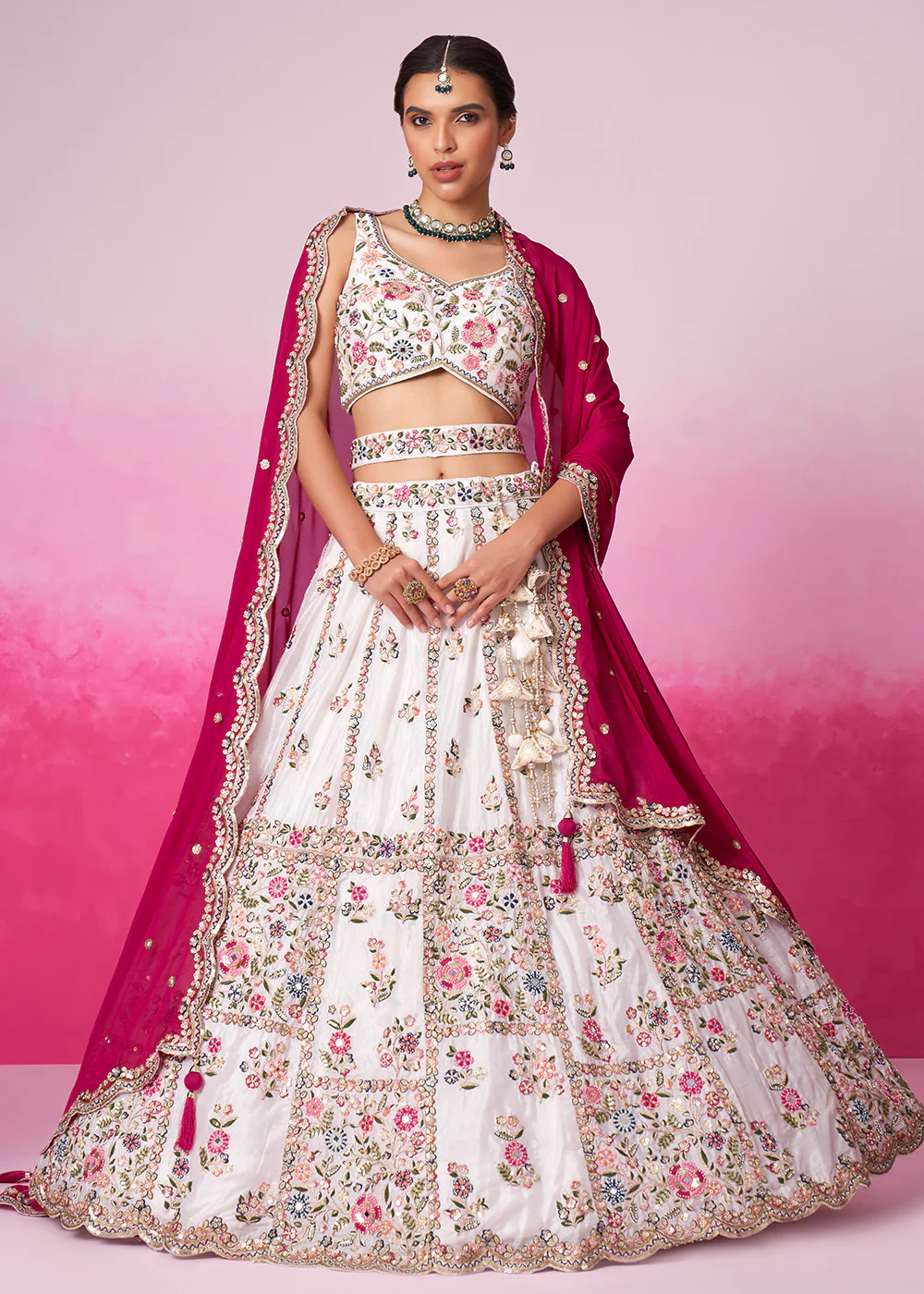 Cream Georgette Sequins & Moti Embroidered Lehenga Choli - Image 4