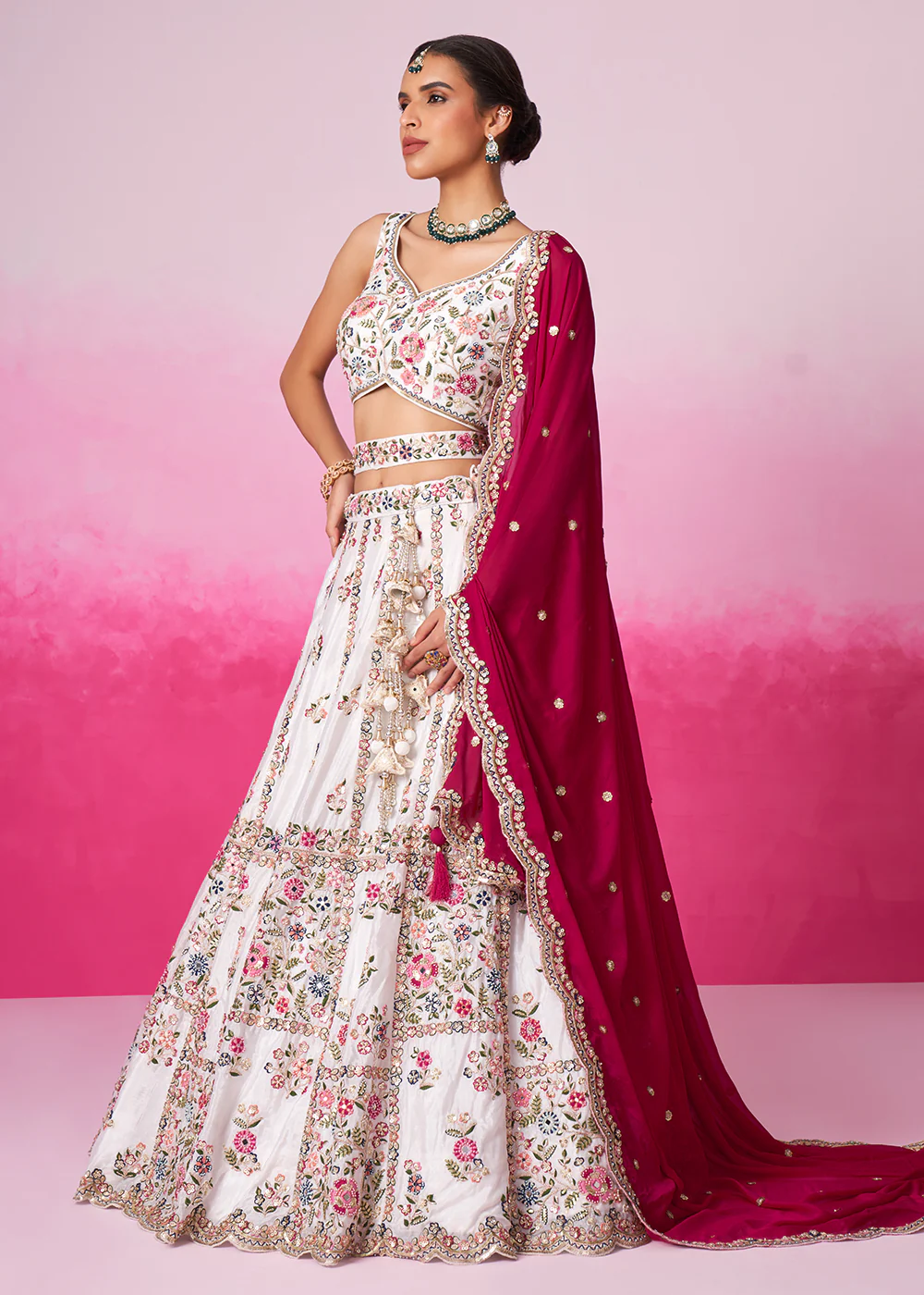 Cream Georgette Sequins & Moti Embroidered Lehenga Choli - Image 5