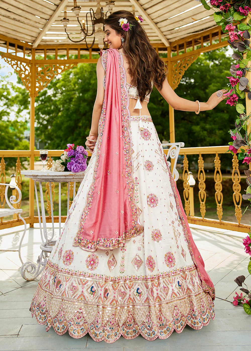 Cream Georgette Sequins Wedding Party Lehenga Choli - Image 3