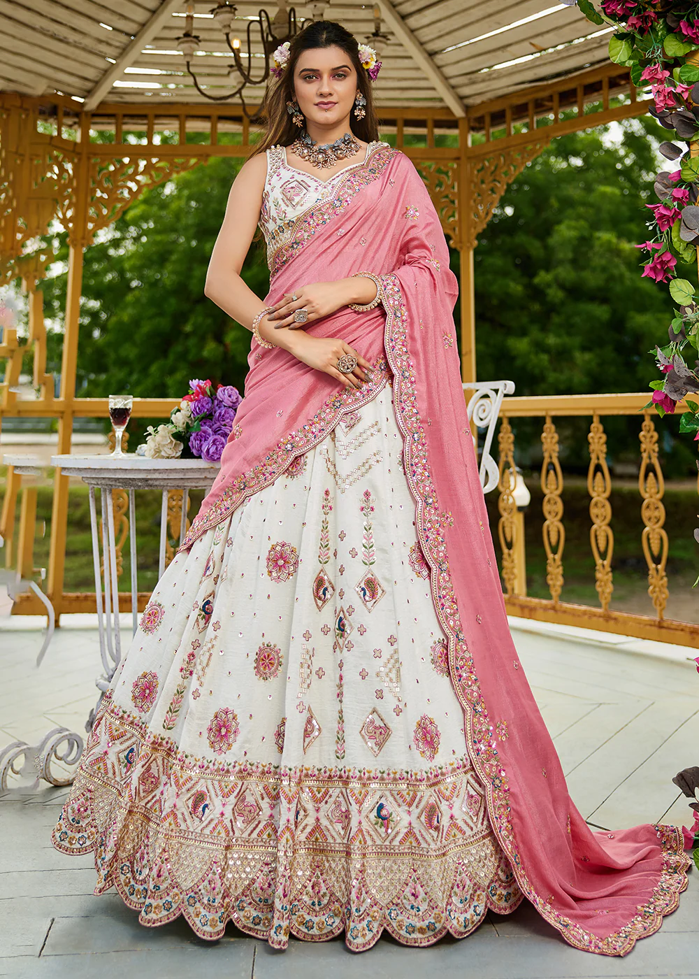 Cream Georgette Sequins Wedding Party Lehenga Choli - Image 4