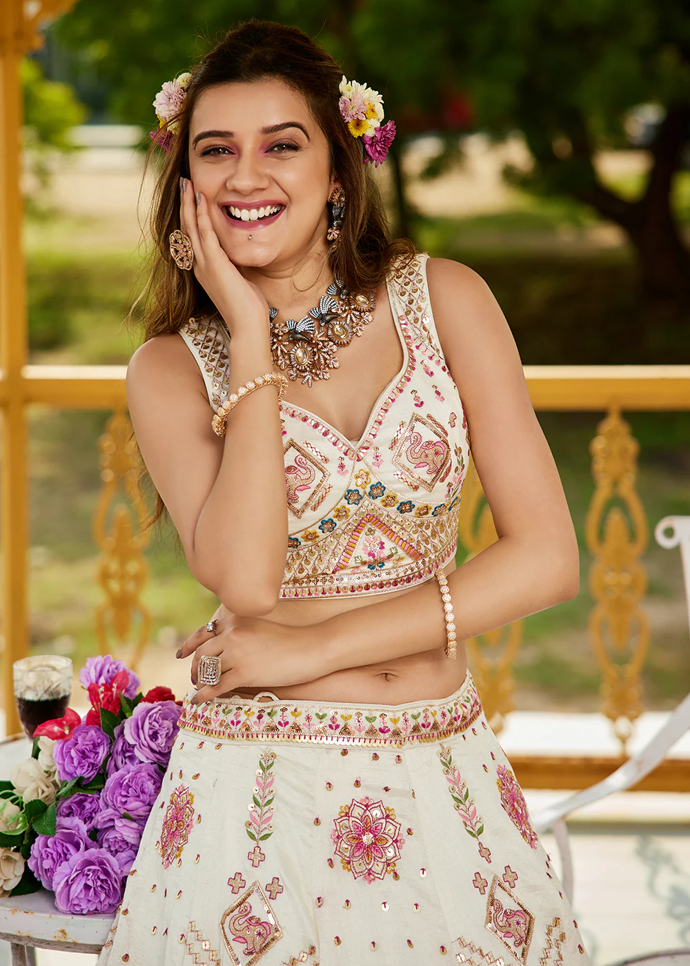 Cream Georgette Sequins Wedding Party Lehenga Choli - Image 5