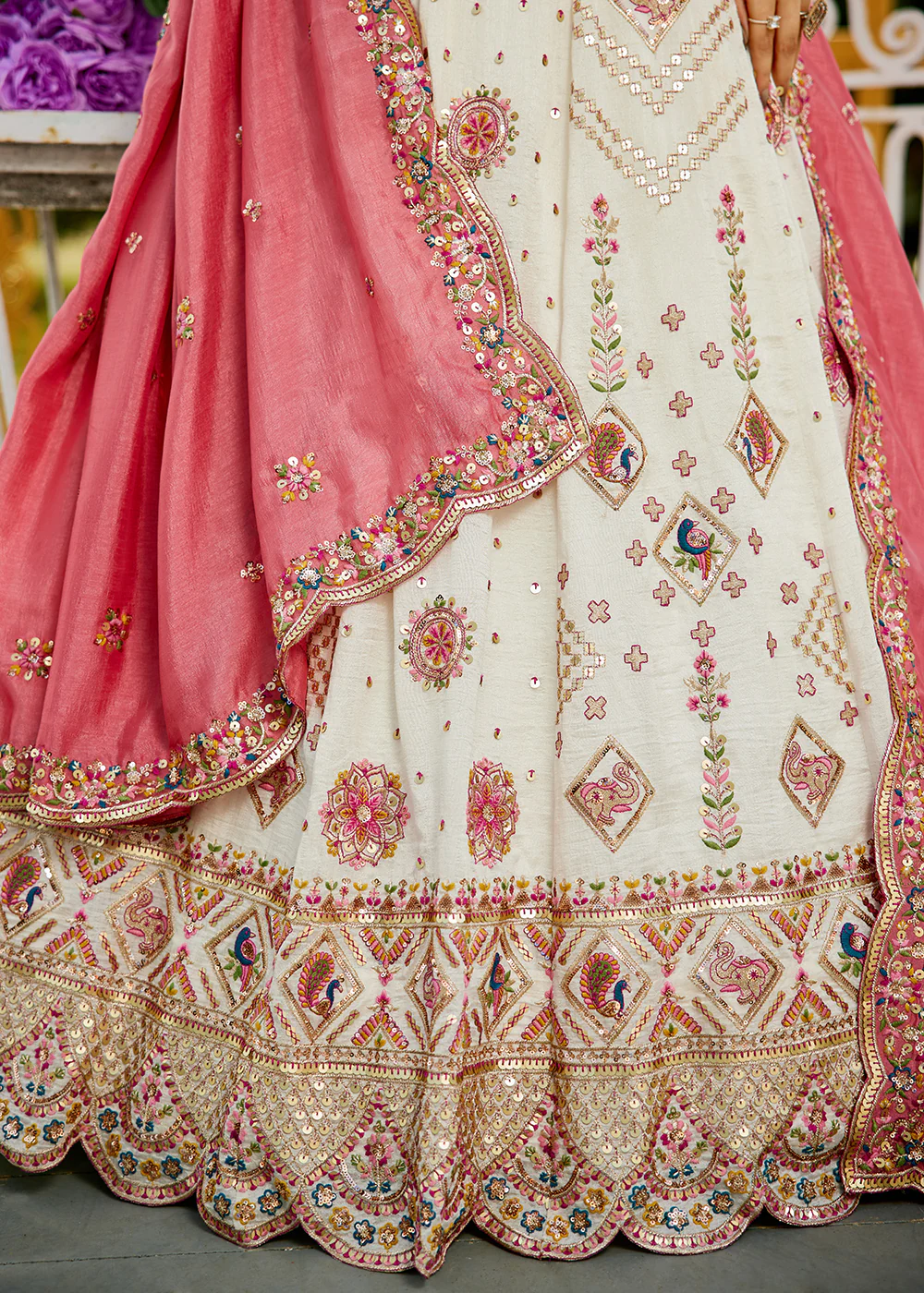 Cream Georgette Sequins Wedding Party Lehenga Choli - Image 7