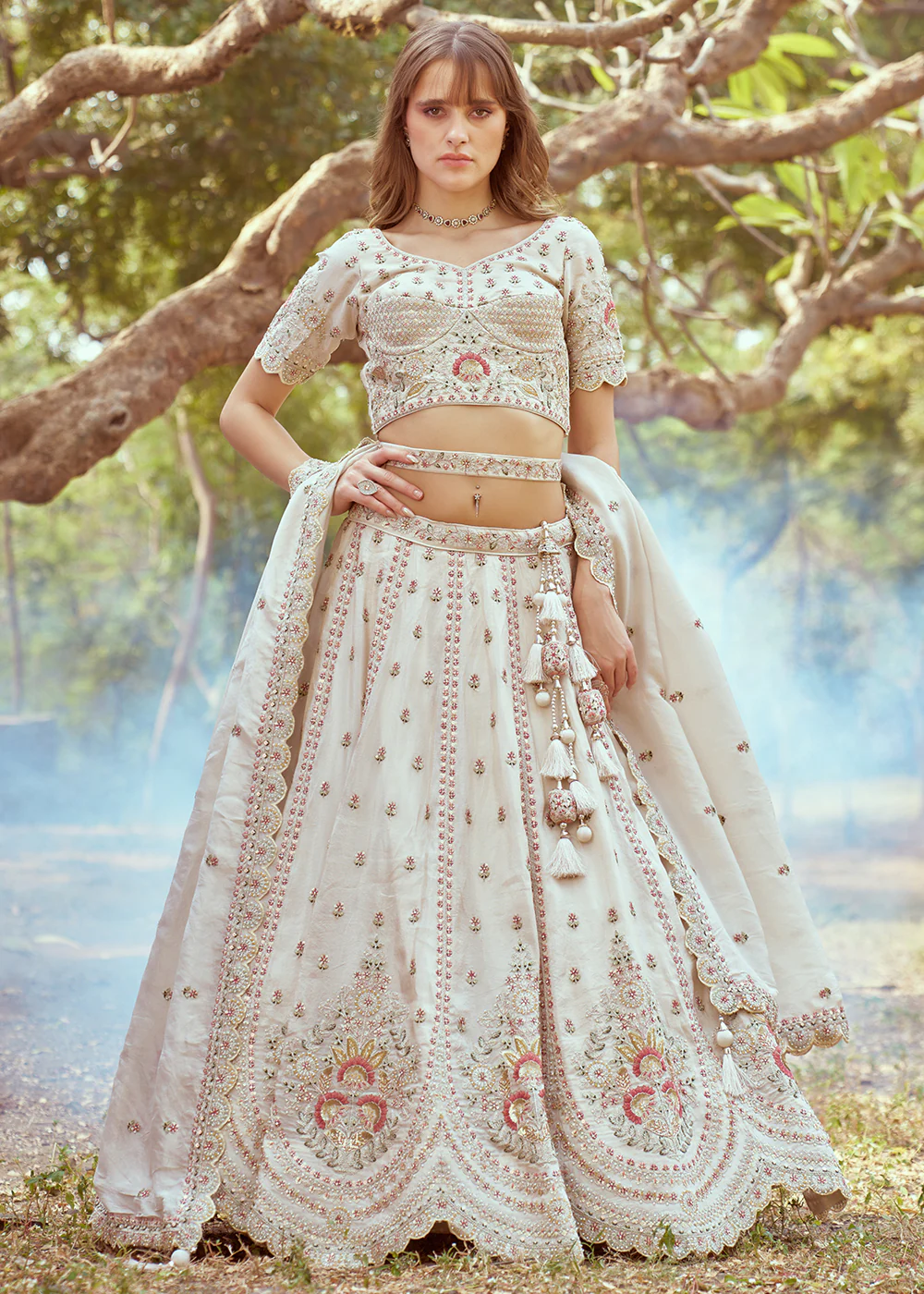 Cream Gold Crushed Tissue Designer Lehenga Choli