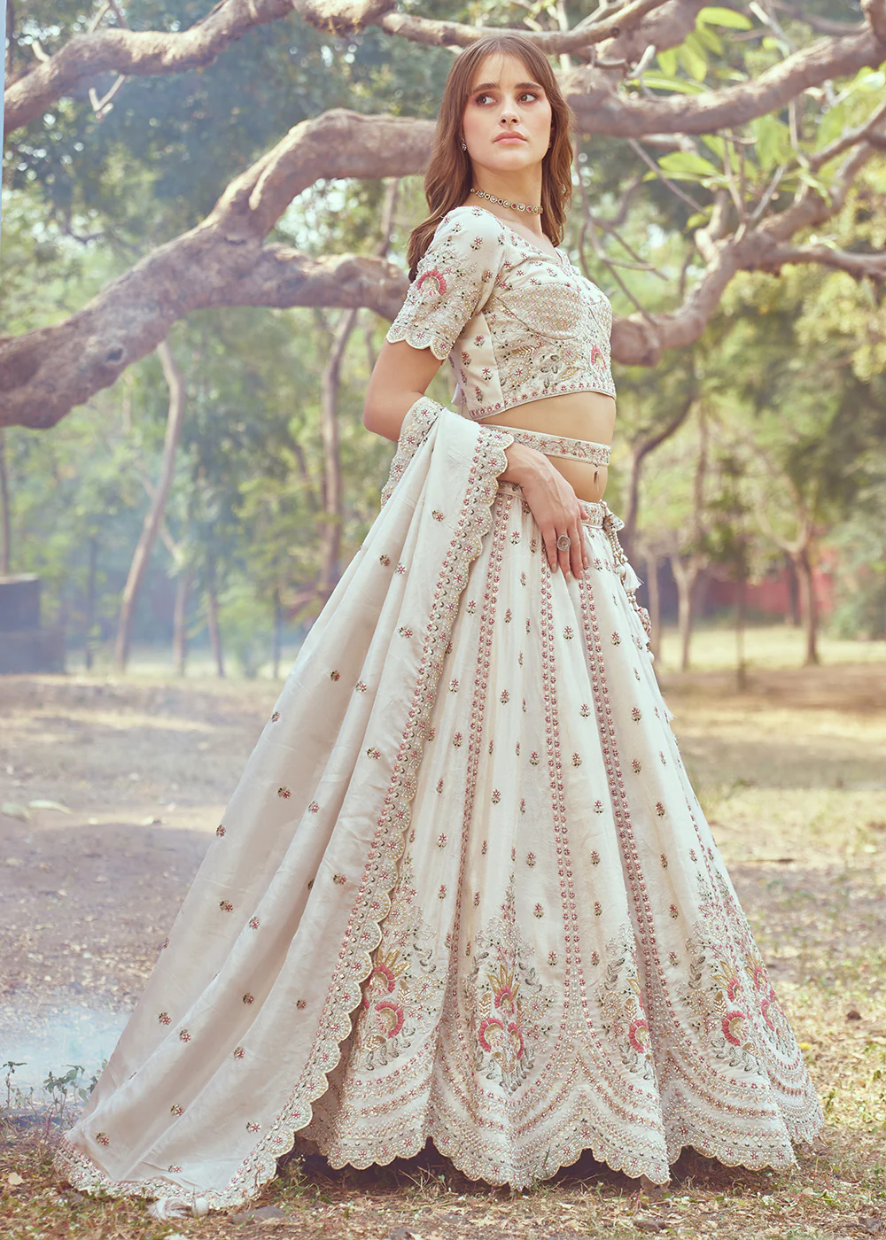Cream Gold Crushed Tissue Designer Lehenga Choli - Image 4