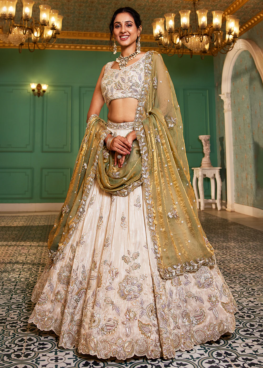Cream & Green Tissue Embroidered Bridal Lehenga Choli